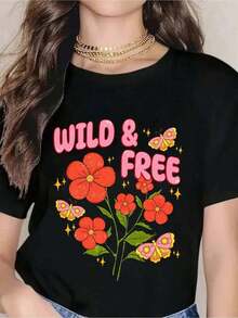 Women's "Wild And Free" Butterfly And Flower Print T-Shirt, Casual Summer Top With Pink Text And Colorful Design, Perfect For Nature Lovers And Outdoor Activities. New Summer Arrivals: 100% Cotton Crew Neck T-Shirts. - 黑色 - 查看 7