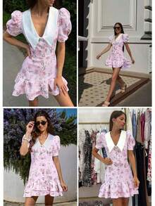 Spring/Summer Casual Style Dress With Collar, Front Buttons, Tie Back And Tie-Dye Print, For Everyday Wear, Western Style, Bohemian, Music Festivals, Vacation, Fairycore Style, Elegant For Women - Dark Gold - 查看 8