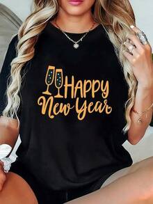 Women's T-Shirt For New Year's And Christmas 2026 - Champagne Print, Short Sleeve, Round Neck With Numbers 2026, Casual Outfit For New Year's Eve Parties And Christmas Celebrations (Machine Washable) - White Blouse By Dtdx - 黑色 - 查看 11