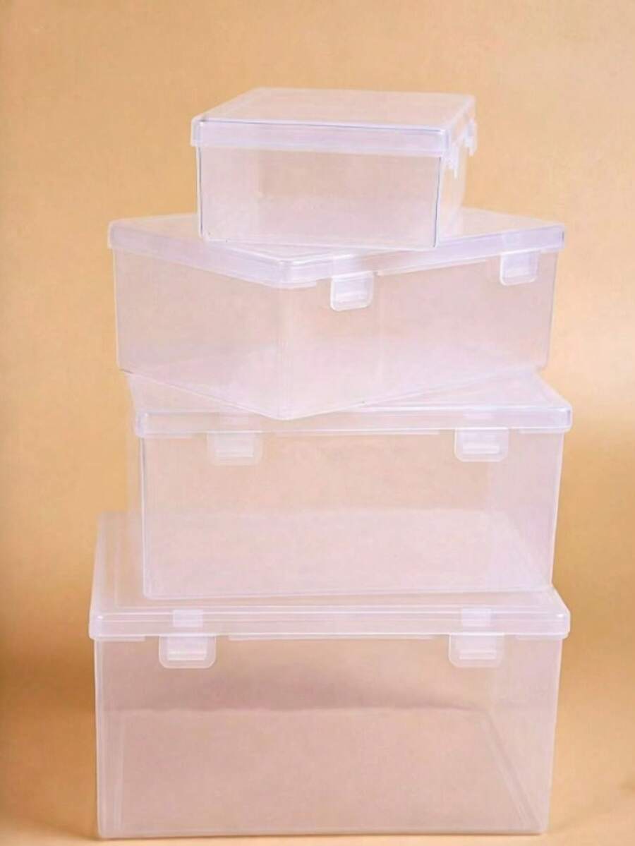 4 piezas Caja de almacenamiento multifuncional para joyas y cosméticos, a prueba de polvo y humedad con tapa, transparente, apilable (accesorios no incluidos) - Blanco - Ver 1