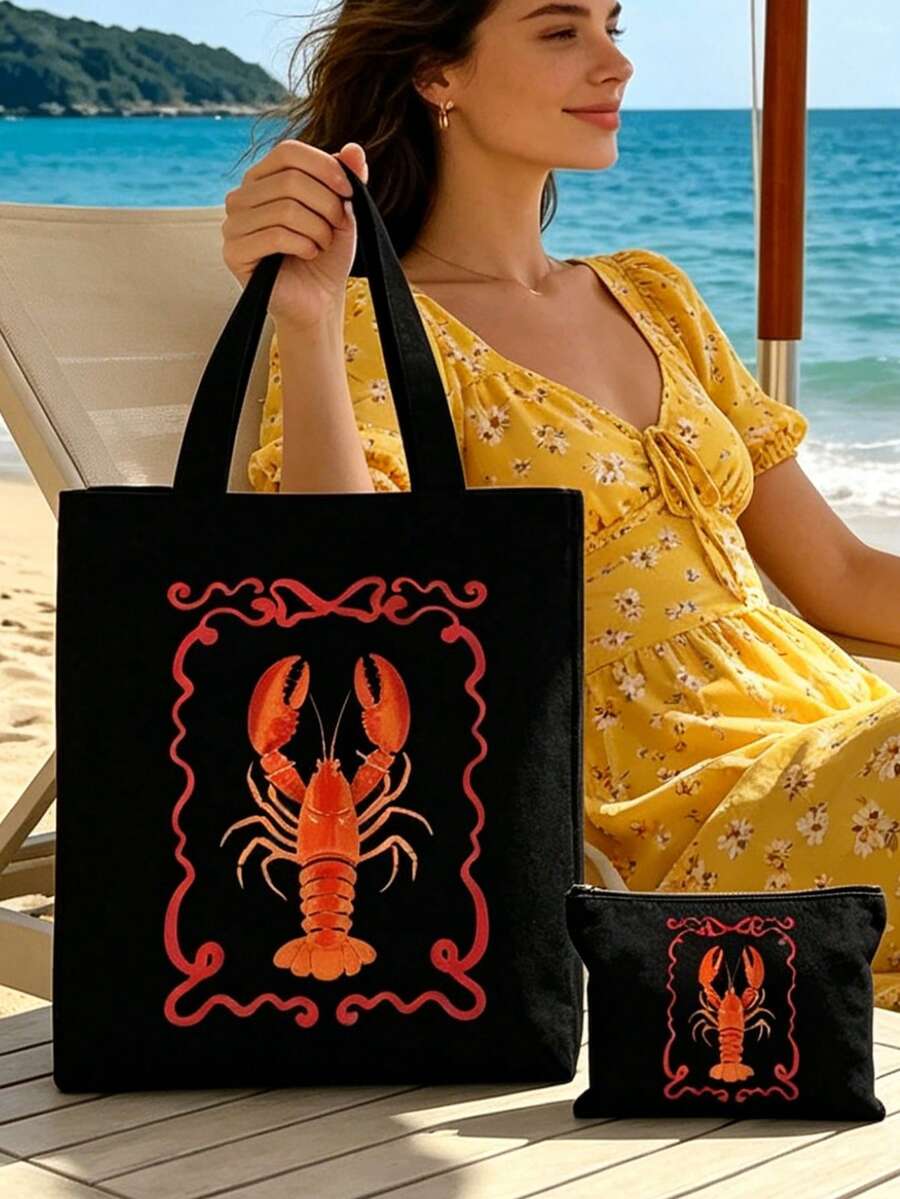海岸海灘紅龍蝦女用托特包中性托特包組,含單肩包與美妝包,極簡學院風,龍蝦愛好者禮物,可重複使用購物袋派對伴手禮,小龍蝦航海帆布托特包女童用,帆布材質,可折疊便攜印花手提包,媽媽包 - 彩色 - 查看 1