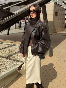 HH 秋季女士时尚机车夹克，复古立领拉链拼接外套，优雅女士休闲外套 - 棕色 - 查看 11