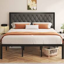 Gunji Queen/King/Full/Twin Bed Frame With Tufted Headboard Metal Platform Bed Frame With Under-Bed Storage,All Metal Support System,No Box Spring Needed,Noise-Free,Easy Assembly,Grey - 灰色 - 查看 15