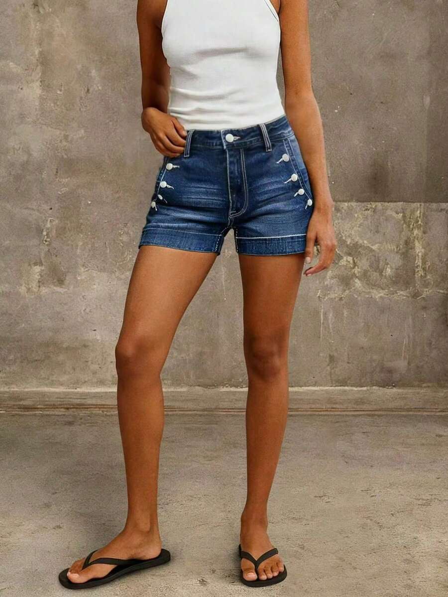 Quần short denim nữ mùa hè, quần jean ôm sát co giãn gợi cảm thời trang lễ hội âm nhạc có túi, thích hợp cho các buổi tiệc tùng. - Rửa trung bình - Xem 1