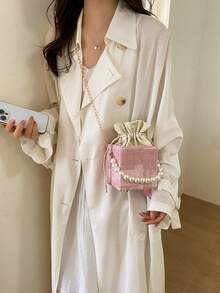 Mini Pleated Drawstring Box, Acrylic, Fashion Drawstring Pouch, Pearl Handbag - Pink - View 5