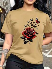 The Rose, Symbolizing Love And Beauty, And The Butterfly, Representing Transformation And Freedom, Are Printed On This Modern And Stylish Women's T-Shirt. It Features A Simple Crew Neck, Casual And Versatile Short Sleeves, And Is Suitable For Leisure, Travel, Vacations, And Other Activities. 10806 LVOB - 淺藍色 - 查看 7