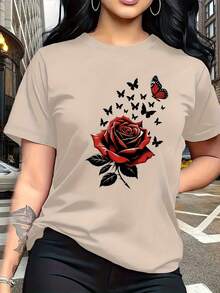 The Rose, Symbolizing Love And Beauty, And The Butterfly, Representing Transformation And Freedom, Are Printed On This Modern And Stylish Women's T-Shirt. It Features A Simple Crew Neck, Casual And Versatile Short Sleeves, And Is Suitable For Leisure, Travel, Vacations, And Other Activities. 10806 LVOB - 淺藍色 - 查看 11