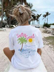 Women's OUL Short-Sleeved T-Shirt With A Round Neck And Coconut Tree And Sun Print, New Spring/Summer Collection, Versatile And Fashionable, Essential For Everyday Wear And Vacations. Women's Vacation Print T-Shirt - Vintage Style, Unisex, Loose Fit, Cotton, Short Sleeve, Round Neck, Blouses For Women. Casual Blouses For Ladies. - 白色 2 - 查看 4