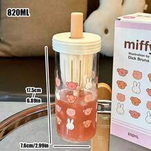 MIFFY 650毫升高硼硅玻璃杯,印有可爱的米菲兔和泰迪熊图案,配有透明吸管和奶油色杯盖,方便日常饮用,日式风格 - 彩色 - 查看 14