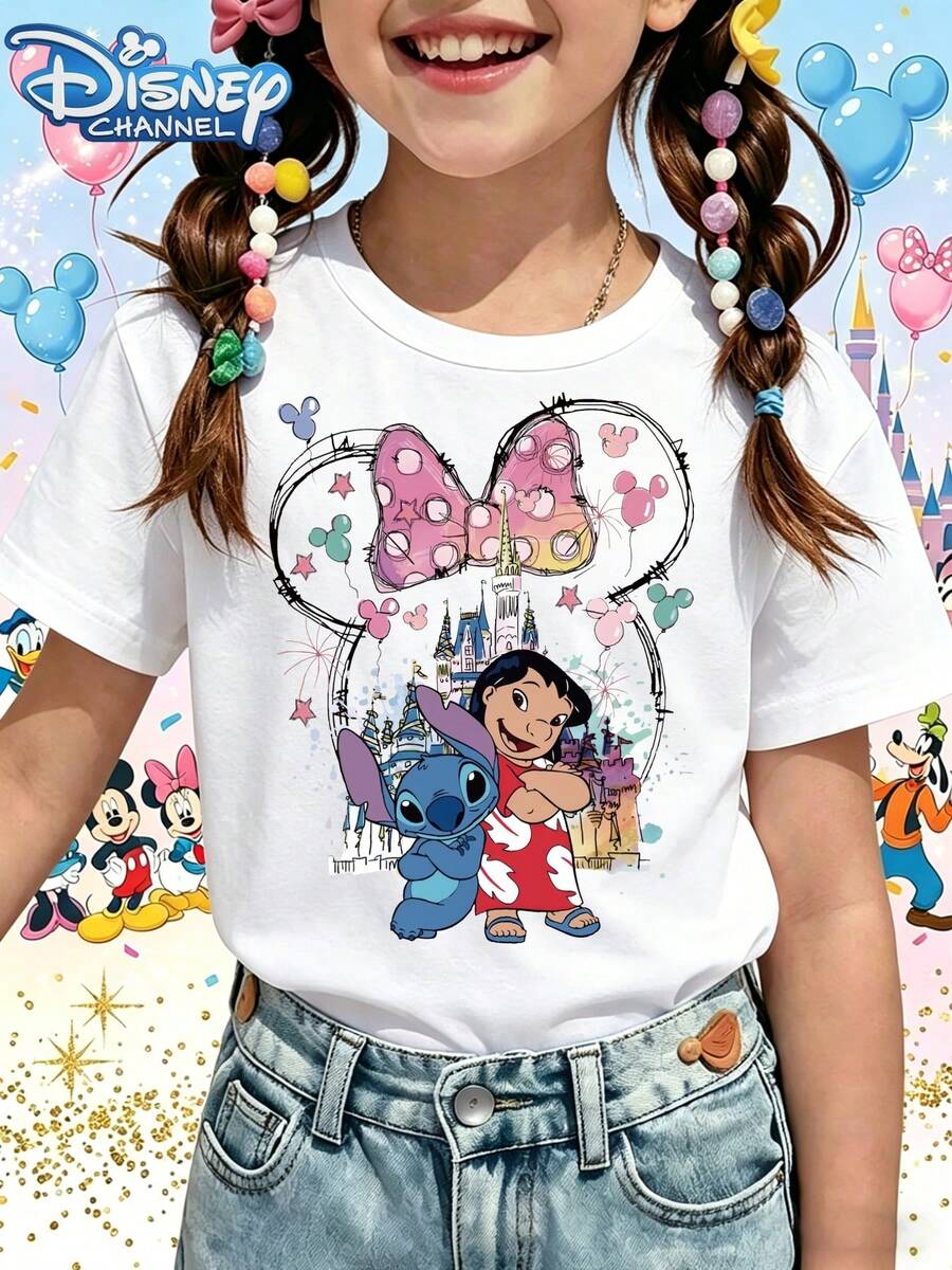 Disney T-Shirt Short Sleeves Are Made Of 100% Pure Cotton FabricDisney Channel Kids T Shirt White Minnie Mouse Stitch And Lilo Castle Print For Casual Wear And PlaytimeA Gift Suitable For Girls - trắng - Xem 1