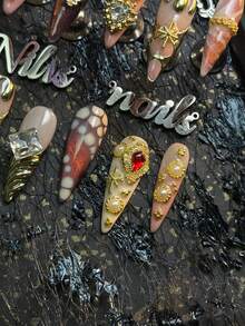 10pcs Handmade Acrylic Nail Tips Set, Including Coral Pink Nails, Purple Cat Eye Nails, Coral Pink & Milky White Ombre Nails, Sweet & Chic Luxury Y2K Style Nails (1pc Jelly Glue And 1pc Buffing Block Included), Nail Art Products Handmade Press On Nails - Coral Pink - View 6