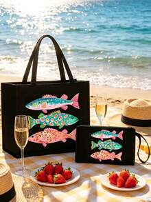 Colorful Fish Pattern Canvas Tote Bag And Wristlet Pouch Set, Reusable Beach Tote Bag With Matching Cosmetic Bag, Ocean Theme Fish Pattern Tote Bag With Black Handle - Multicolor - View 4