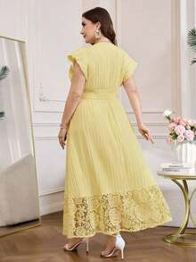 Reflora Vestido de talla grande para mujer con mangas con volantes bordados y cintura ceñida - Amarillo - Ver 2