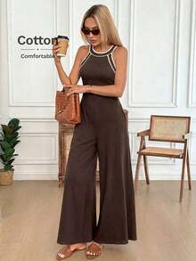Mono de pierna ancha con cuello redondo, tirantes, bolsillo en diagonal, de corte holgado, elegante y vintage, para uso casual o de viaje, en primavera/verano para mujeres, con detalles de contraste - Marrón - Ver 4
