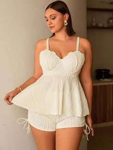 Swim Chiccia Set de 2 bikinis de talla grande para mujer - Top de traje de baño con estampado de concha blanca y pantalón corto a juego, ropa de baño para resort y vacaciones - Beis - Ver 5