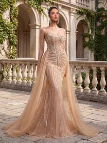 Women's Camel Color Mature Party Heavily Sequined Backless Party/Wedding/Holiday Formal Evening Dress, Suitable For All Seasons - Camel - View 6