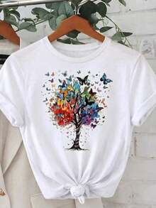 Women's Casual Crew Neck T-Shirt, Suitable For Urban Wear, Oversized Crew Neck T-Shirt For Daily Outings, Camping, Concerts, Hip-Hop, Rock And Rap Events, Short Sleeve, Regular Length, With Butterfly Tree Print. - 白色 - 查看 2