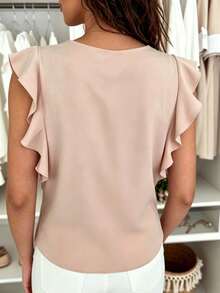 V-Neck Ruffle Trim Sleeveless Blouse, Elegant Office Wear Summer - Baby Pink - View 2