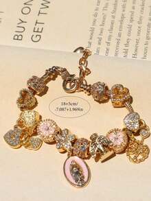 1 Religious Bracelet With Virgin Mary Charm, 1 Religious Bracelet With Cross, 1 Sakura DIY Fashion Bracelet, 1 Fashion Bracelet With Heart-Shaped Padlock And Key. - 粉色 - 查看 8