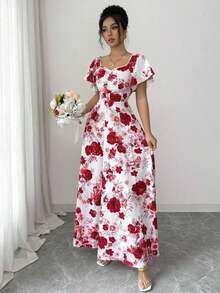 Elenzya Vestido de línea A con volantes en las mangas, fruncido en el frente y estampado floral de rosas, elegante y casual, ideal para vacaciones, viajes, citas, moda francesa y estilo retro, versátil para primavera y verano, de manga corta y largo maxi, en rojo, blanco y multicolor - Multicolor 3 - Ver 7