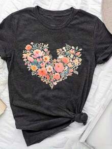 Women's Casual Short Sleeve Crew Neck T-Shirt - Bright Floral Heart Print, Semi-Sheer Fabric, Machine Washable, Comfortable For Spring And Summer, Soft Texture Shirt, Loose Blouse - 黑色 - 查看 6