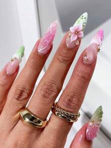 24 miếng dán móng tay hình hoa 3D màu hồng-xanh lá cây chuyển sắc, chất liệu acrylic, móng giả dán tức thì với cánh hoa 3D và đá ngọc trai vàng, phù hợp cho phụ nữ có bộ móng dài tự nhiên vào mùa hè. - Màu Hồng baby - Xem 3