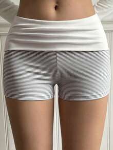 Women's Y2K Style Striped Shorts For Summer, Low Waist With Foldable Belt Design, Suitable For Casual, Home, Street And Daily Commute - Grey - View 8