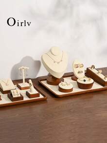 Oirlv Wooden Jewelry Tray Bracelet Ring Display Stand Set, Necklace Holder Jewelry Organizer Tray - Beige - Beige - View 7