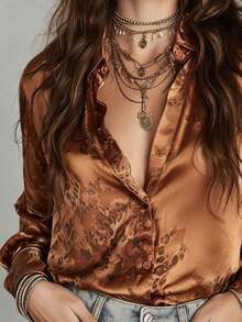 Blusa de satén con estampado de rosa naranja-turquesa clásico para mujer, diseño con cuello, elegante para el uso diario, salidas y talla grande - Naranja Quemada - Ver 5