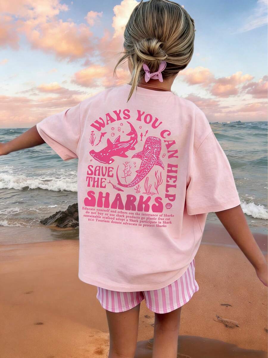 女童 Save The Sharks 字母 & 鯨鯊圖案背印圓領短袖T恤,復古海灘休閒寬鬆夏季度假兒童上衣 - 粉色 - 查看 1