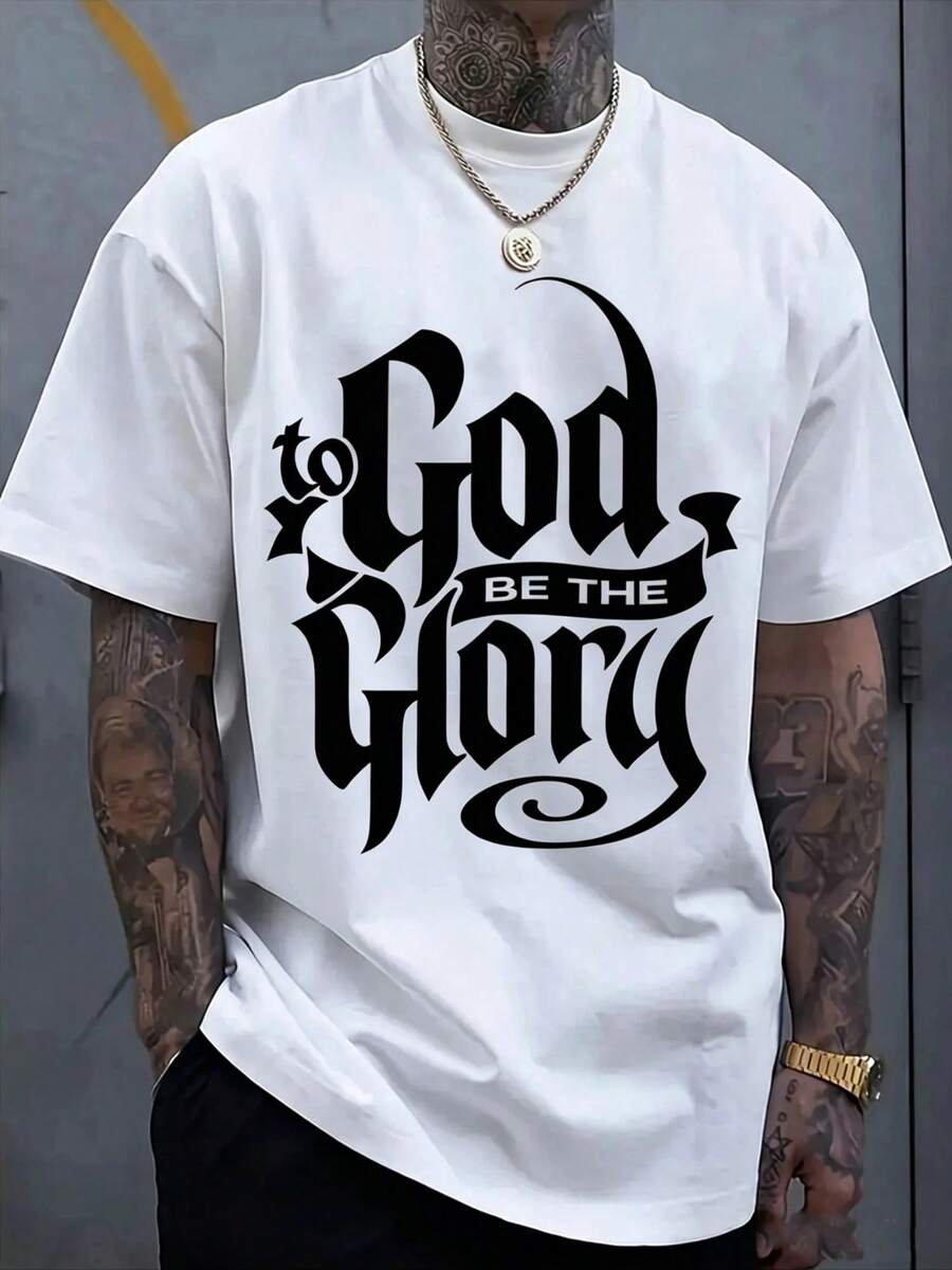 Men's Short-Sleeved T-Shirt, Casual Sporty Style, With Modern Prints, Stretchy And Comfortable, Suitable For Sports, Travel And Everyday Leisure Time - Regular Fit, Round Neck, Knit Fabric, Printed T-Shirt, Comfortable Fit, Plus Size. - 白色 - 查看 1