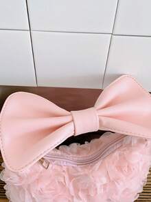 New 3D Rose Tulle Underarm Bag With Bow Handle, Gentle Style Small Bag For And Commuting - Pink - View 6