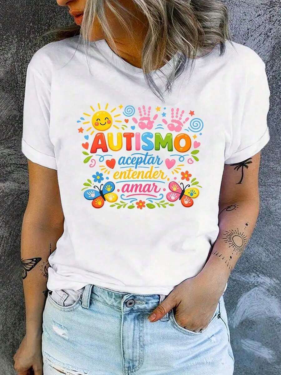 AUTISM Accept, Understand, Love Women's T-Shirt With Autism Care Theme In Spanish, Sun Palm Print, Decorative Slogan, Casual, Short Sleeve, Rainbow, Solidarity Style, Clothing For Care Activities - 白色 - 查看 1