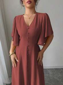Vestido midi con cuello en V, cintura ceñida, línea A, adornado con botones en el bajo, abertura, mangas abullonadas, en base color albaricoque con grandes lunares marrón oscuro, elegante y vintage francés, apropiado para oficina, paseo, playa, fiesta, hogar, cómodo, estilo bohemio, primavera/verano - Óxido marrón - Ver 6