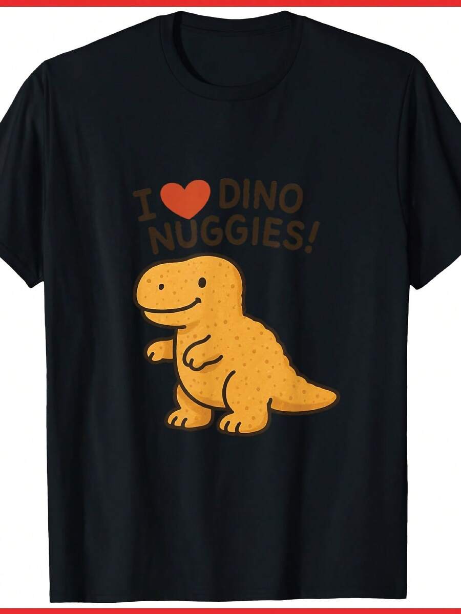 Men's Retro Dino Nuggets Print Shirt. Black Cotton Dino Nuggets Print T-Shirt, Casual Crew Neck Tee, Fun Christmas Gift For Themed Parties And Casual Wear. Loose And Comfortable. - 後退 - 查看 1