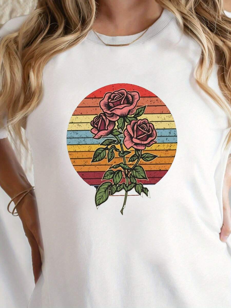 1 Round Neck T-Shirt With Floral Print, Casual Short Sleeve Top For Spring/Summer, Women's Clothing, 180g, 100% Cotton. - 白色 - 查看 1