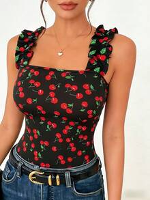 Top corto de mujer con camisola de flor de cerezo, nuevo colección primavera verano 2026 - Negro - Ver 3