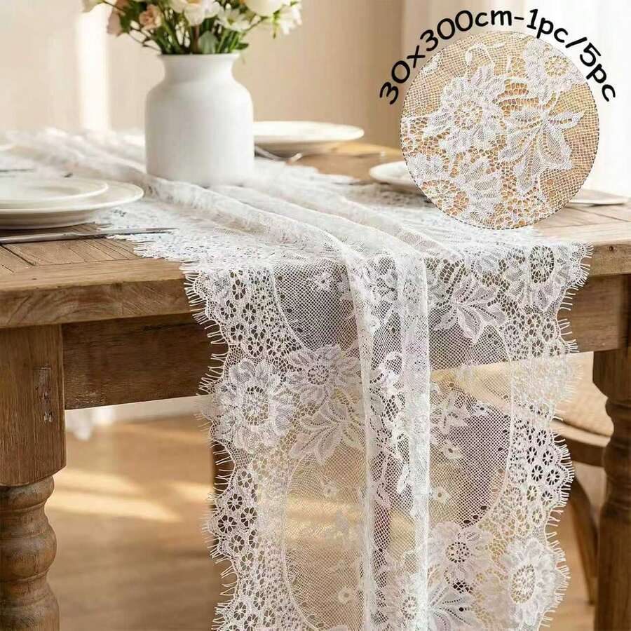 5pcs 12" X 120" White Lace Table Runner, Vintage Wedding Baby Shower Party Decor, Country Rose Embroidery Boho Style Table Runner