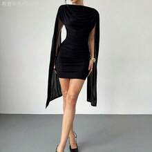 Fengyu Women's Clothing Store  Vestido elegante y casual con cinta fluida y delgada, vestido de festival/vestidos elegantes para fiesta/atuendos de Acción de Gracias para mujeres/vestido de Año Nuevo/vestidos de invierno para mujeres/ropa de otoño/vestido de Año Nuevo/vestido de fiesta/falda negra/vestido negro - Niebla azul - Ver 6