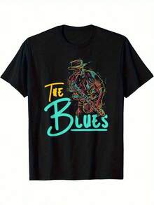 1pc, Jazz Blues Music Pattern T-Shirt, Black T-Shirt With Vibrant Guitarist Playing Blues Painting Art And "The Blues" Text, Casual Crew Neck Top Suitable For Music Lovers - 黑色 - 查看 1