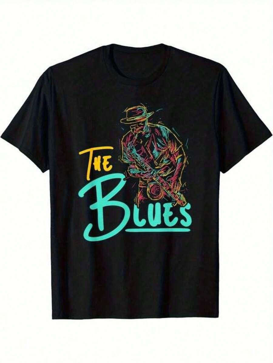 1pc, Jazz Blues Music Pattern T-Shirt, Black T-Shirt With Vibrant Guitarist Playing Blues Painting Art And "The Blues" Text, Casual Crew Neck Top Suitable For Music Lovers - 黑色 - 查看 1