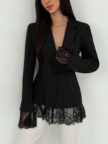 AYYAloruh Blazer de manga larga con cuello en V profundo, parche de encaje, estilo minimalista para oficina y transporteAYY - Negro - Ver 6