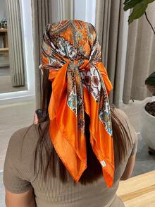Women's Large Square Satin Scarf 90x90 Elegant Fashion Bandana For Hair And Neck - L5-laranja - 查看 6