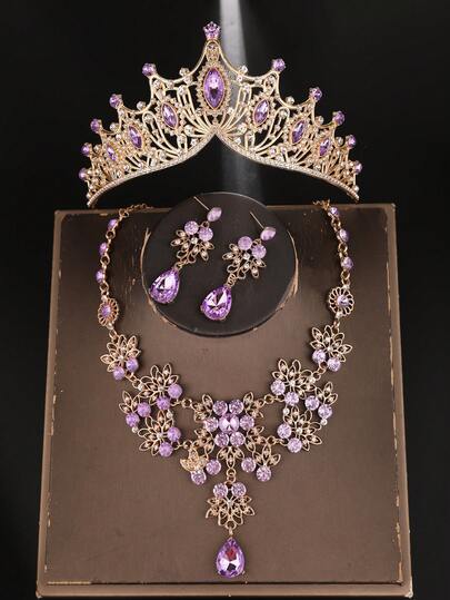 1 Set Purple Crystal Decorated Crown, Necklace, Earrings 4pcs Bridal Accessories, Suitable For Wedding Dress, Gala, Wedding Party