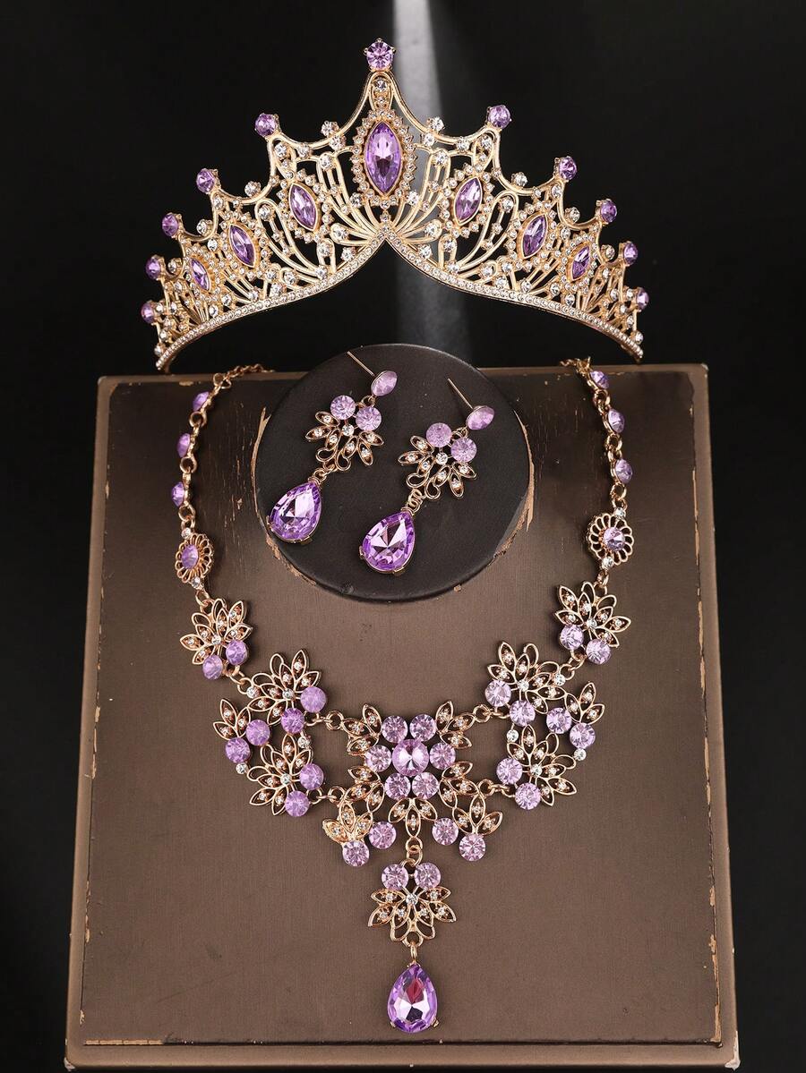 1 Set Purple Crystal Decorated Crown, Necklace, Earrings 4pcs Bridal Accessories, Suitable For Wedding Dress, Gala, Wedding Party