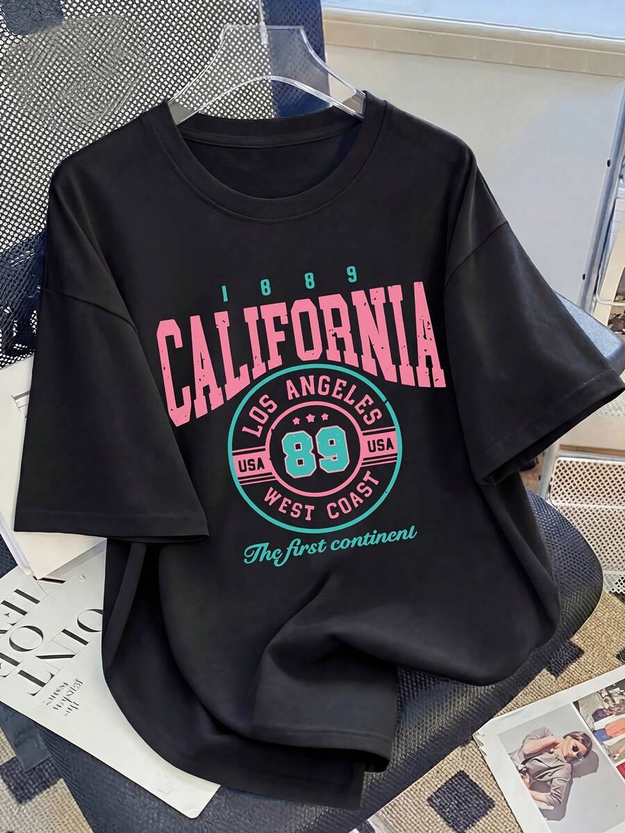 Vintage T-Shirt With Los Angeles, California Print, For Women, Casual And Relaxed Style, Round Neck, Short Sleeve, Retro American Style Of The West No. 89, Basic And Versatile. - 黑色 - 查看 1
