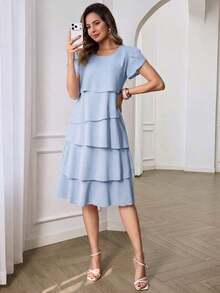 Vestido de mujer de unicolor con cuello redondo, mangas cortas con volantes en los puños y dobladillo con volantes, vestido de moda para vacaciones, primavera y verano - Azul marino - Ver 9