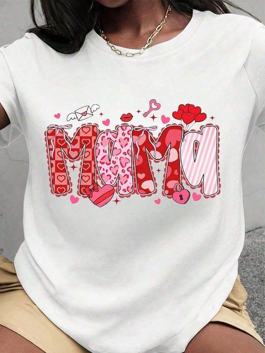 Plus Size T-Shirt For Valentine's Day - Mom Heart Love T-Shirt For Women - T-Shirt With Bright Red Heart And Pink Hearts Design For Mother's Day And Valentine's Day - 白色 - 查看 1