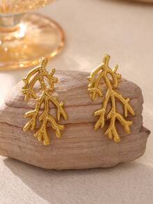 Vintage Stainless Steel Big Coral Earrings,18K Gold Plated Octopus Stud Earrings, Marine Life Jewelry Ocean Beach Daily Wear Vacation Accessory - 1 - View 8