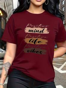 The Letter Prints With Visual Expressions Of Self-Motivation, Such As "Positive Mind," "Positive Life," And "Positive Vibes," Are Modern And Fashionable. This Simple And Versatile Women's Short-Sleeved T-Shirt With A Round Neck Is Suitable For Leisure, Travel, Vacations, And Other Activities. 2CBJ - 紅色 - 查看 2